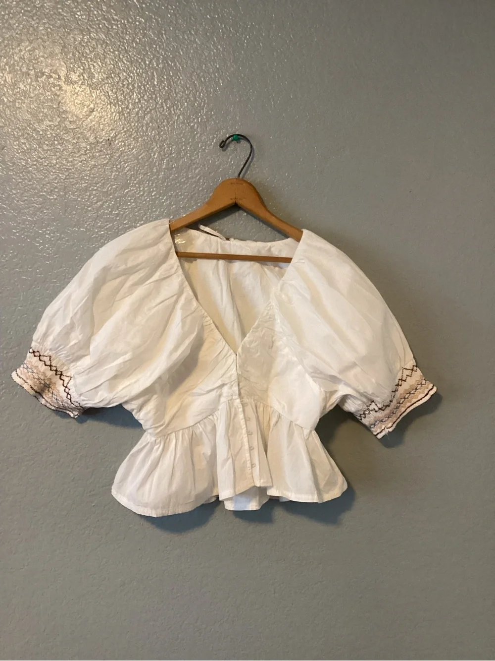 Free People  Where We Meet Peplum Puff-Sleeve Blouse with Embroidered Cuffs